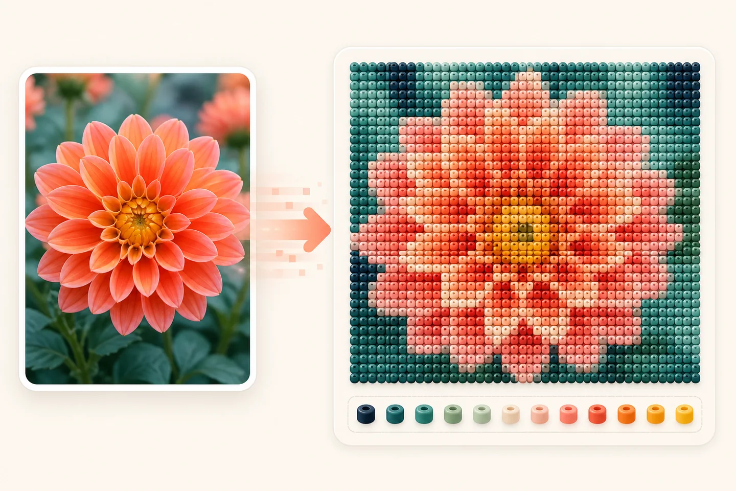 A flower photo converted into a bead chart with a matching colour palette